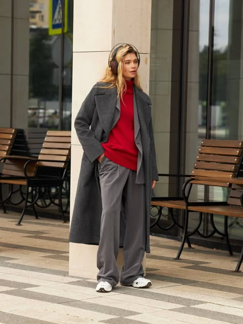 Grey Overcoat Outfit Women, Red And Grey Outfits For Women, Red And Grey Aesthetic, Grey And Red Outfits, Red And Gray Outfit, Light Grey Coat Outfit, Grey Coat Outfit, Red Sweater Outfit, Grey Overcoat