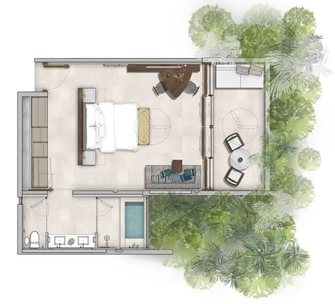 Tropical Hotel Room, Hotel Room Design Plan, Resort Room, Resort Design Plan, Resort Plan, Resort Cabins, Nature Room, Resort Architecture, Eco Hotel