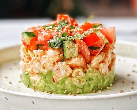 Spicy California Shrimp Stack, Spicy Shrimp Stack, Shrimp Stacks Avocado, Crab Stack Recipe, Shrimp Starter Recipes, Shrimp Sushi Stack, Salad Stacks, Shrimp Tower, Salmon Stack