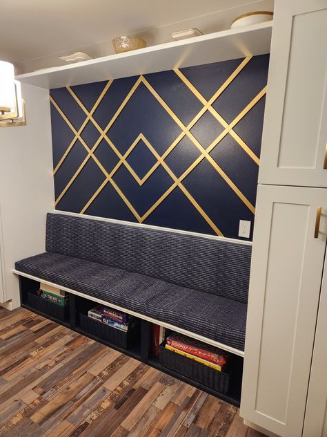 Navy Wall With Gold Accents, Navy And Gold Accent Wall, Navy Blue And Gold Accent Wall, Navy And Gold Office Decor, Gold And Black Accent Wall, Navy And Gold Bedroom Ideas, Blue Gold Accent Wall, Midnight Blue Accent Wall, Blue Gold Office