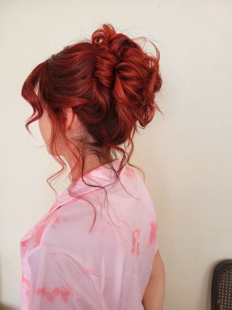 High Bun Wedding Hair, Red Hair Updo, Bun Wedding Hair, High Bun Wedding, Red Bangs, Bun Wedding, High Updo, Short Red Hair, Curly Bun