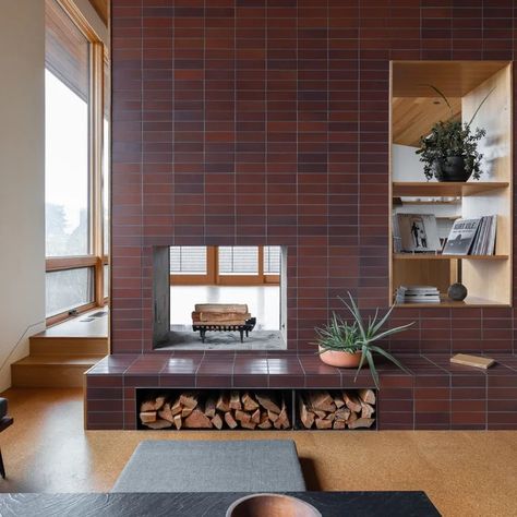 75 Mid-Century Modern Living Room Ideas You'll Love - October, 2024 | Houzz Statement Fireplace, Heath Ceramics Tile, Heath Tile, Spec Home, Architecture Design Studio, Sunken Living Room, Double Sided Fireplace, Mid Century Living Room, Fireplace Tile