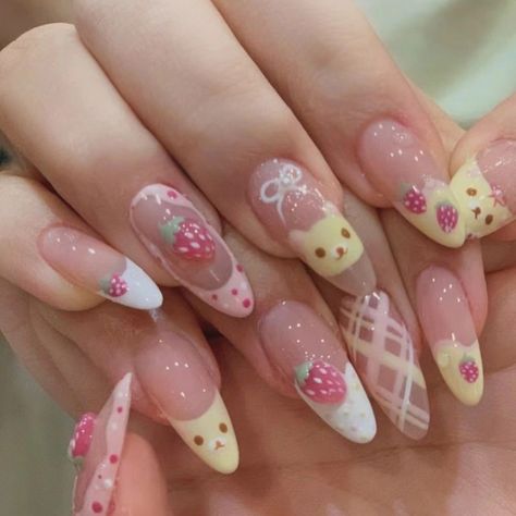 10Pcs Almond Press on Nails with Pink Strawberry Bear Design Acrylic False Nails Cute French Full Nails With Pink, Almond Press On Nails, Strawberry Bear, Nails Cute, Girly Acrylic Nails, Pretty Gel Nails, Really Cute Nails, Pink Strawberry, Soft Nails