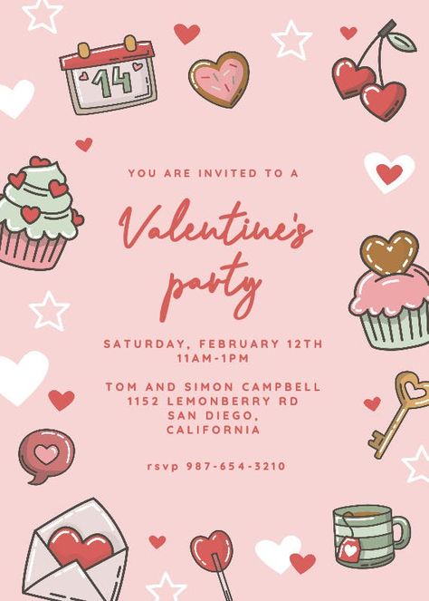 Valentines Day Brunch Ideas, Kids Valentine Party, Valentine Party Invitations, Valentine Card Template, Valentines Brunch, Valentine Party Game, Valentine Invitations, Love Frame, Day Party Ideas