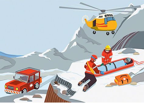 Mountain Rescue by Jenna Riggs, for Ladybird's RIY “Emergency Rescue”. This illustration showcases first responders and various emergency vehicles.  Check out Jenna's full portfolio of illustrations for children's books at Childrensillustrators.com Medical Theme, Mountain Drawing, Kids Study, Picture Books Illustration, Medical Art, Emergency Vehicles, Drawing Reference Poses, Drawing For Kids, Drawing People