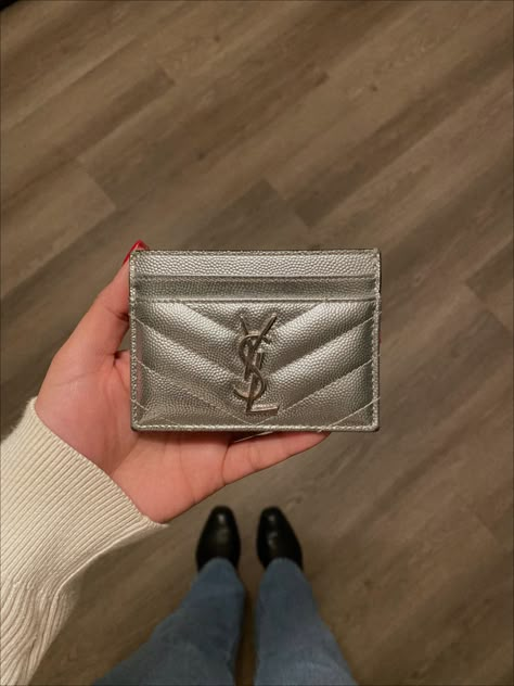 YSL metallic cardholder. metal silver. designer wallet. Ysl Card Holder Aesthetic, Card Holder Wallet Aesthetic, Cardholder Aesthetic, Ysl Wallets, Cardholder Luxury, Ysl Cardholder, Titanium Wallet, Wallet Aesthetic, Ysl Card Holder