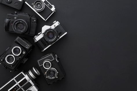 Cameras on black background | Free Photo #Freepik #freephoto #background #vintage #technology #camera Camera Aesthetic Wallpaper, Photography Aesthetic Camera, Camera Website, Background Camera, Umbrella Photography, Camera Wallpaper, 4k Wallpapers For Pc, Film Background, Halftone Dots