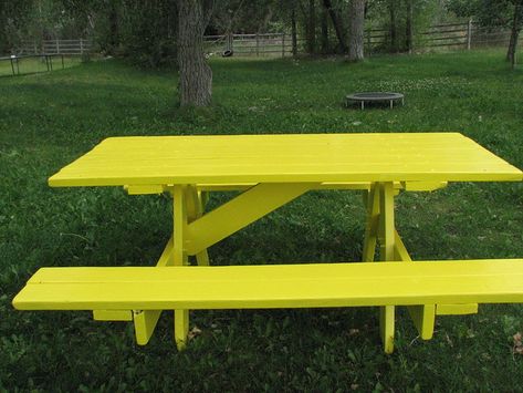 bright yellow picnic table | Wet Oatmeal Kisses Yellow Picnic, Colorful Picnic, Swamp Cooler, Wooden Picnic Tables, Table Picnic, Barns Sheds, Yellow Painting, Kraken, Picnic Table