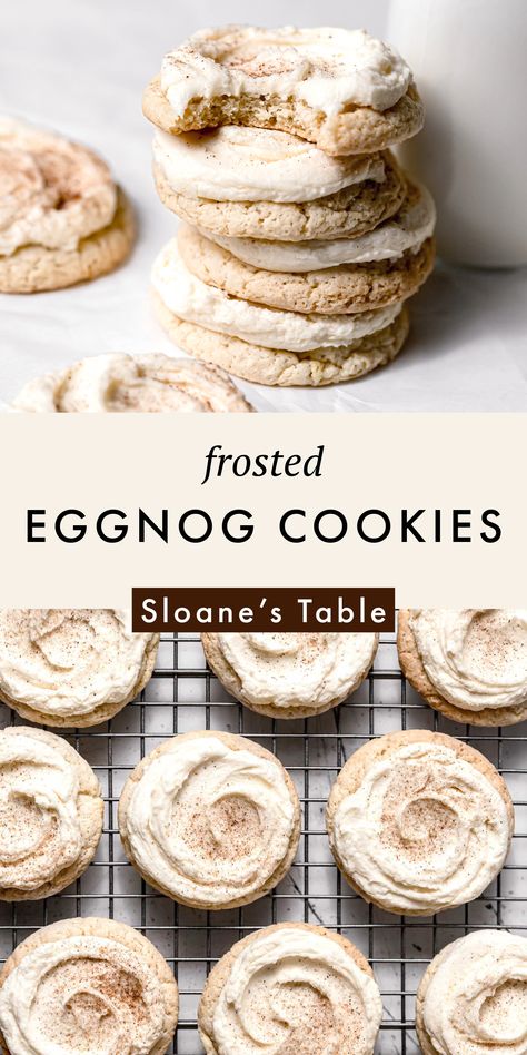 These frosted eggnog cookies feature a melt-in-your-mouth cookie decorated with an eggnog buttercream and a sprinkling of nutmeg! Eggnog Snickerdoodle Cookies, Eggnog Snickerdoodles, Gluten Free Eggnog Cookies, Eggnog Thumbprint Cookies, Egg Nog Sugar Cookies, Eggnog Cream Cheese Frosting, Chai Eggnog Cookies, Eggnog Sugar Cookies, Eggnog Meltaway Cookies