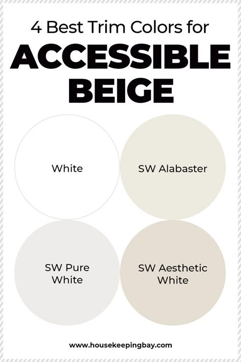 4 Best Trim Color To Use With Accessible Beige. White, SW Alabaster, SW Pure White, SW Aesthetic White Best Trim Color With Accessible Beige, Accessible Beige Whole House Color Scheme, White Walls Beige Trim Sherwin Williams, Accessible Beige Trim Color, Accessible Beige With Alabaster Trim, Accessible Beige Exterior Trim, Trim Color For Accessible Beige, Alabaster Accessible Beige, White House With Beige Trim