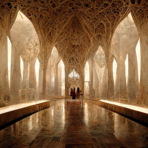 FUTURISTIC DESIGN OF A CASLE, WHICH DEPICTS THE COMBINATION OF GOTHIC AND ISLAMIC ARCHITECTURE Futuristic Gothic Architecture, Calligraphy Architecture, Fantastic Architecture, Neo Gothic Architecture, Calligraphy Ideas, Novel Ideas, Baroque Architecture, Islamic World, Retro Futuristic