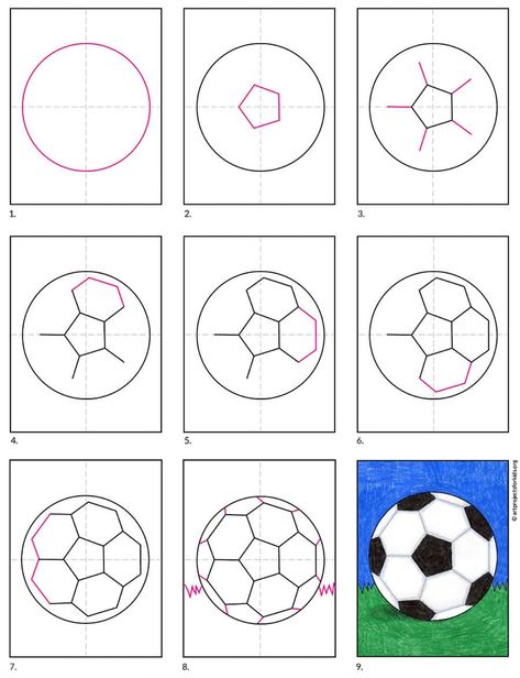 Easy How to Draw a Soccer Ball Tutorial · Art Projects for Kids How To Draw A Soccer Ball Step By Step, How To Draw Soccer Ball, Soccer Ball Ornament Diy, Soccer Doodles Easy, Soccer Ball Drawing Easy, Soccer Arts And Crafts, How To Draw A Soccer Ball, Soccer Drawings Easy, Sports Arts And Crafts For Kids