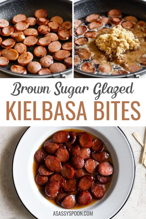 Keilbasa Recipes Glazed, Brown Sugar Kielbasa Crockpot, Kielbasa Bites Crockpot, Keilbasa Recipes Appetizers, Crockpot Kielbasa Appetizer, Appetizer Recipes Kilbasa, Kielbasa Appetizers For Party, British Finger Food, Brown Sugar Kielbasa Bites