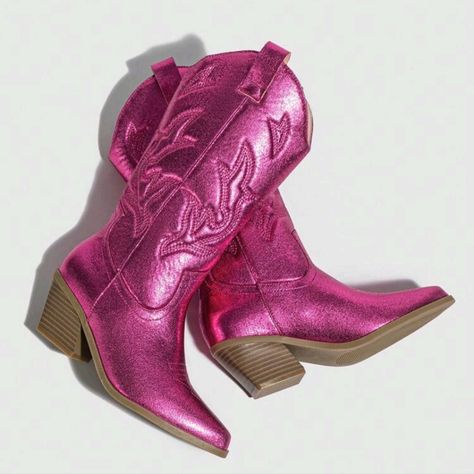 Hot Pink Metallic Cowboy Boots New In Boutique #Barbie #Barbieboots Pink Sparkly Cowboy Boots, Hot Pink Cowboy Boots, Hot Pink Boots, Metallic Cowboy Boots, Pink Cowboy Boot, Steve Madden Black Boots, Cow Boy Boots, Jingle Bell Ball, Knee High Cowboy Boots