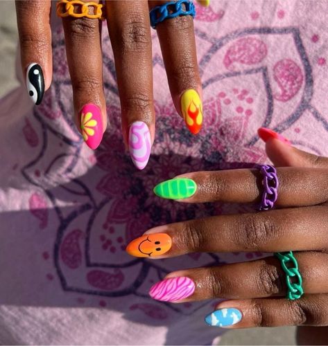 Colorful Festival Nails, Summer Nails Crazy, Bonnaroo Nails, Every Nail Different Design, Glastonbury Nails, Rave Nails Designs, Edc Nails, Lisa Frank Nails, Music Festival Nails