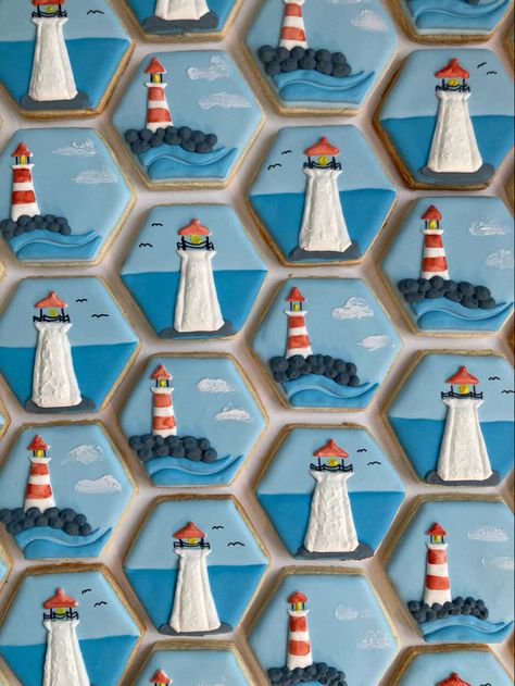 Lighthouse Cookies, 7 Seas, Cookies Ideas, Bridal Shower Cookies, Shower Cookies, Cut Out Cookies, Cookie Ideas, 70th Birthday, Cookie Decorating