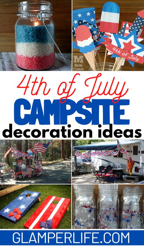 Red, white, and blue! Stars and stripes! 4th of July is a great time to go camping and also a really fun time to decorate your campsite and golf cart! Check out these really cool ideas for easy decorating. Many campgrounds even hold contests for decorations and some have golf cart parades! This post has dozens of ideas - from games, mason jar DIY crafts, and table decoration to ways to decorate your golf cart. #rv #camping #4thofjuly #glamperlife #campground 4th Of July Camping Decorations, Fourth Of July Camping, Decorate Golf Cart 4th Of July, Decorating Campsite Ideas, Decorate Campsite, Fourth Of July Golf Cart Decorations, Campsite Decorating Ideas Diy, Campground Crafts, 4th Of July Camping Ideas