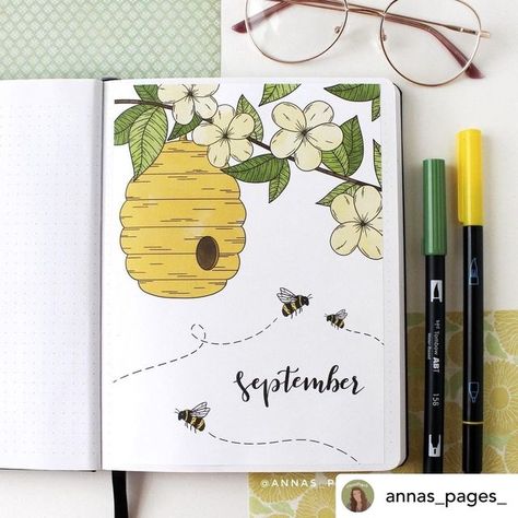 Bees Journal Ideas, Assainment Cover Design, Title Page Drawing Ideas, May Planner Theme, Bujo Bee Theme, September Journal Ideas, Cover Page Design Ideas, Bee Bullet Journal, May Bullet Journal Cover