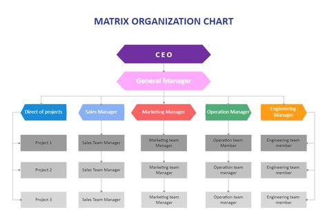 A matrix structure is a system in which teams report to multiple leaders. The matrix design promotes open communication among groups and can assist businesses in developing more innovative products and services. Using this structure eliminates the need for teams to realign every time a new project begins. Project or horizontal assignments are never permanent in a matrix organizational structure. Employees can then move between projects or teams as needed, sharing their knowledge, expertise, and Matrix Organization Structure, Organizational Chart Design Templates, Organizational Structure Design, Business Organizational Structure, Organization Structure, Organizational Chart Design, Matrix Design, Organizational Design, Org Chart