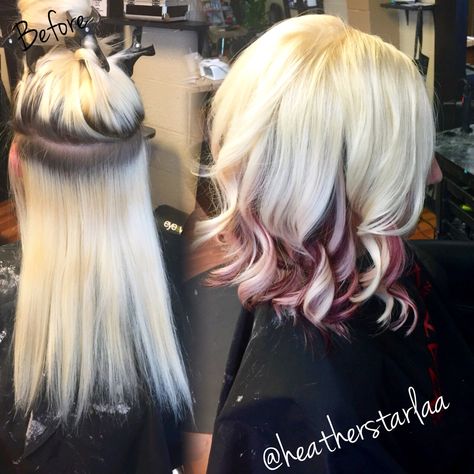 Subtle alone. All over platinum with burgundy peekaboo halo Blond With Burgundy Peekaboo, Platinum And Burgundy Hair, Short Blonde Hair With Peekaboo Color, Blonde Hair With Burgundy, Two Toned Blonde Hair, Blonde With Red Peekaboo, Blonde With Burgundy, Blonde With Peekaboo Color, Burgundy Peekaboo Hair