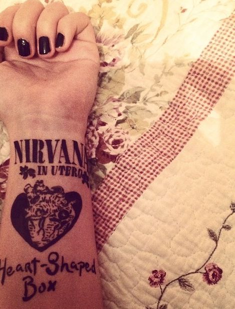 Nirvana heart shaped box tattoo Heart Shaped Box Tattoo, Nirvana Tattoo Lyrics, Lyrics Tattoos, Nirvana Lyrics, Nirvana Tattoo, Box Tattoo, Enough Tattoo, Loyalty Tattoo, Lyric Tattoos