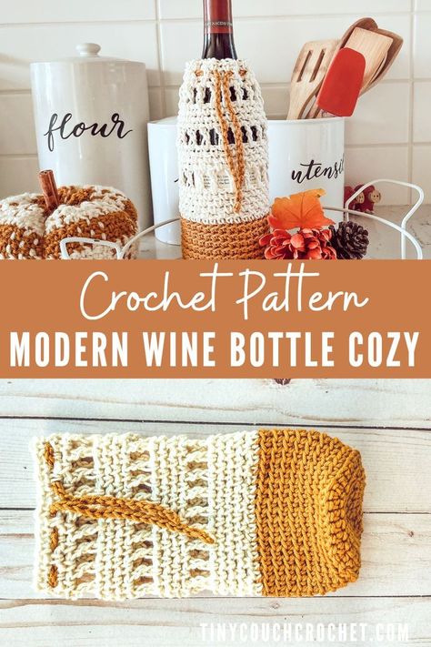 At the top, a white and burnt orange crochet wine bottle cozy is covering a wine bottle sitting on a countertop with other kitchen items and fall decor. At the bottom, the cozy is laying by itself on a flat surface. White text on an orange background says " crochet pattern modern wine bottle cozy" Crocheted Wine Bottle Covers, Crochet Wine Bottle Cozy Free Pattern, Crochet Bottle Coozie, Wine Coozie Crochet, Wine Bottle Cozy Crochet Pattern, Crochet Wine Bottle Holder Pattern, Crochet Wine Cozy Pattern Free, Crochet Bottle Cozy, Crocheted Wine Bottle Covers Free