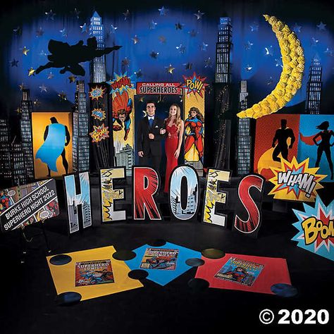 Comic Theme Party Decorations, Comic Superhero Party, Comic Book Decorations, Superhero Reception Ideas, Comic Book Theme Party, Superhero Book Fair, Cardboard Superhero, Comic Book Party Decorations, Super Hero Party Decorations