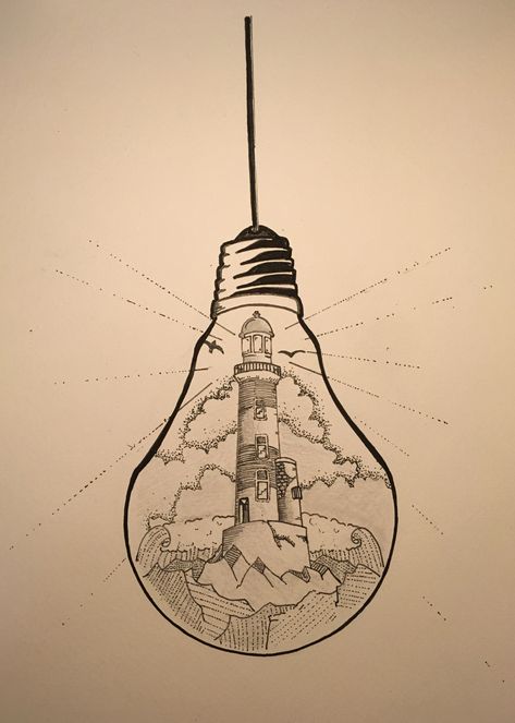 What if there was a tiny lighthouse inside of every light bulb? #lightbulb #drawing #lighthouse Drawing Of Light Bulb, Drawing Of A Lightbulb, Drawing Ideas Light Bulb, World Inside A Lightbulb Drawing, Light Bulb Sketch Drawings, Inside Outside Art Drawings, Creative Art Ideas Pencil, Drawing Of Lighthouse, How To Draw A Light Bulb