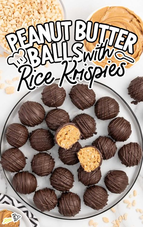 a plate of Peanut Butter Balls with Rice Krispies White Chocolate Peanut Butter Balls Rice Krispies, Rice Crispy Treat Balls, Peanut Butter Balls With Chocolate Rice Crispy, Peanut Butter Ball With Rice Krispies, Rice Krispie Treat Balls, Crunchy Buckeye Balls, Rice Crispy Buckeye Balls, Peanut Butter Bon Bons Rice Krispies, Buckeyes With Rice Krispies