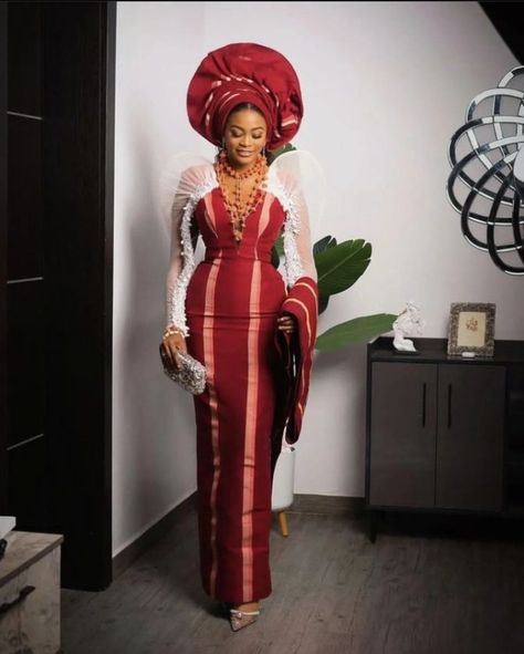 Remarkable and Best Aso-Oke Styles To Look Delightful. Aso Oke Bridal Styles, Brocade And Lace Combination, Sanyan Aso Oke Styles, Aso Oke For Bride, Bridal Aso Oke Styles, Asooke Dress Styles, Asoke Styles For Women, African Engagement Dresses, Asooke Styles For Brides