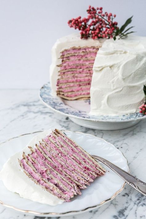 Romantic Almond Crepe Cake with Raspberry-Rose Cream Sarah Jones, Torte Cupcake, Crepe Cake, Dessert Aux Fruits, A Piece Of Cake, Cupcake Cake, Cake Chocolate, Piece Of Cake, Food Cakes