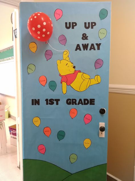 The cutest Winnie the Pooh classroom door ever! #upupandaway #winniethepooh #classroom #door #classroomdoor #hundredacrewoods #winniethepoohdecoration Winnie The Pooh Classroom Door, Hundred Acre Wood Classroom Theme, Winnie The Pooh Classroom Decorations, Winnie The Pooh Door Decorations, Winnie The Pooh School Theme, Pooh Classroom Theme, Winnie The Pooh Classroom Theme Bulletin Boards, Disney Classroom Theme Daycare, Winnie The Pooh Bulletin Board