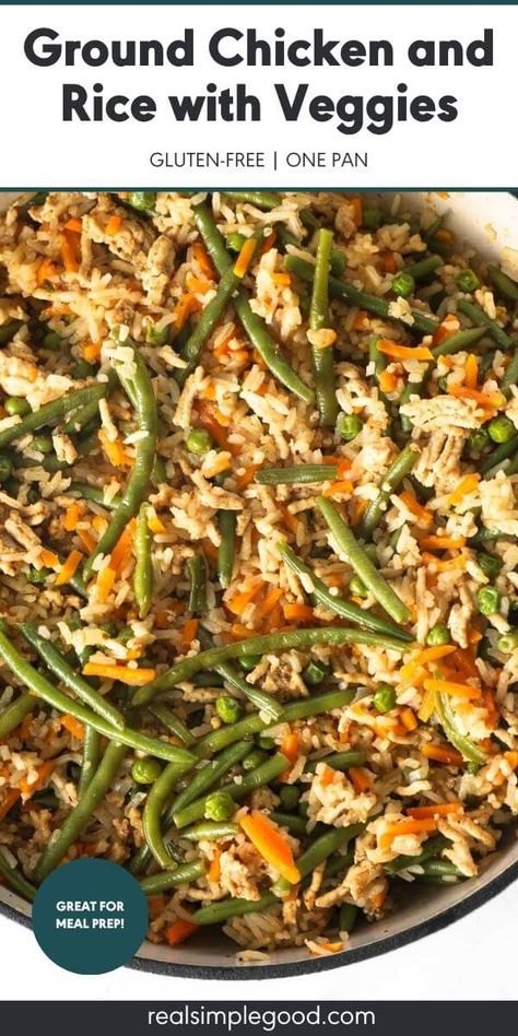 35-Minute Ground Chicken and Rice with Veggies Ground Chicken And Green Beans, Ground Chicken Rice Recipes, Rice And Ground Chicken Recipes, Ground Chicken Recipes Healthy Clean Eating, Healthy Recipes With Ground Chicken, Ground Chicken Meal Prep Recipes, Simple Ground Chicken Recipes, Ground Chicken And Rice Recipes, Chicken And Rice With Veggies