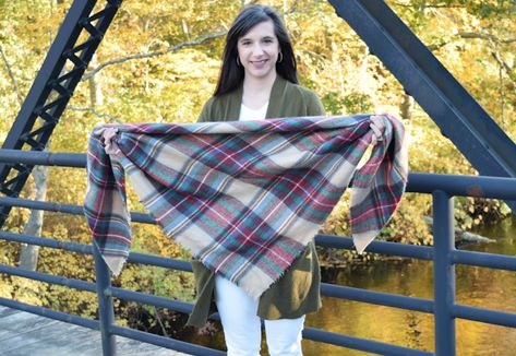 How to Tie a Square Blanket Scarf | More to Mrs. E How To Tie Blanket Scarf, Square Blanket Scarf, Olive Cardigan, Tie Blanket, Blanket Scarves, Fall Blanket, Tie Blankets, Tartan Blanket, Tartan Scarf