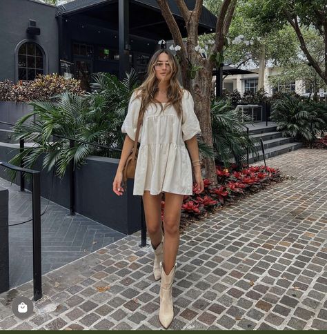 White Cowboy Boots Outfit Dress, Boho Boots Outfit, Summer Dress With Cowboy Boots, Beige Cowboy Boots Outfit, White Dress Cowboy Boots, Line Dancing Outfit, Summer Wineries Outfit, Cowboy Boots Outfit Summer, Booties Outfit Fall