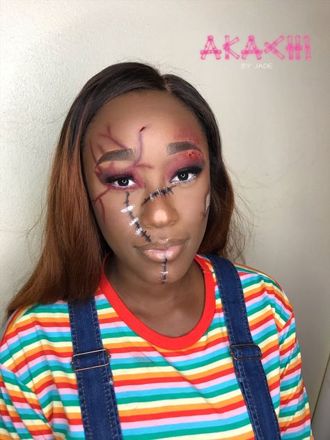 Chucky inspired halloween makeup for black women. The glammed version. The female chucky or thw glam version of chucky Female Chucky, Chucky Makeup, Makeup Glam, Inspired Makeup, Makeup For Black Women, Halloween Makeup, Makeup Inspiration, Black Women, Make Up