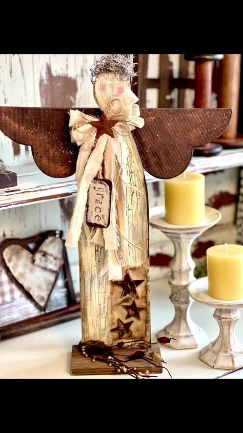 😇 Wood cut-out from DnJ Crafts and Creations ❤️ #therustcoveredcottage #angels #homedecor | The Rust-Covered Cottage | The Rust-Covered Cottage · Original audio Wood Angels, Primitive Angels, Christmas Angel Decorations, Diy Angels, Wood Angel, Wooden Angel, Wood Craft Projects, Cookie Tin, Angel Crafts