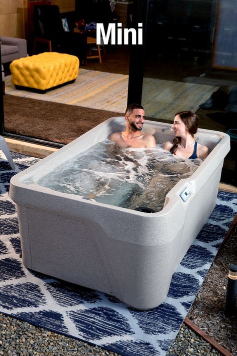 Tiny Hot Tub Small Spaces, 2 Person Hot Tub, Tiny Spa Bathroom Ideas, Mini Hot Tub Ideas, Two Person Hot Tub, Hot Tub In Shed, Small Hot Tub Ideas Backyard, Outdoor Inflatable Hot Tub Ideas, Small Backyard Pools With Hot Tub