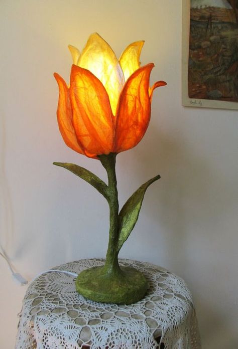 Creative lamp, lamp design, unique lamp, decorating lamp Hellboy Sculpture, Paper Flower Lamp, Paper Table Lamp, Orange Desk, Eco Flowers, Designed Paper, Diy Lampe, Creative Lamps, Paper Table