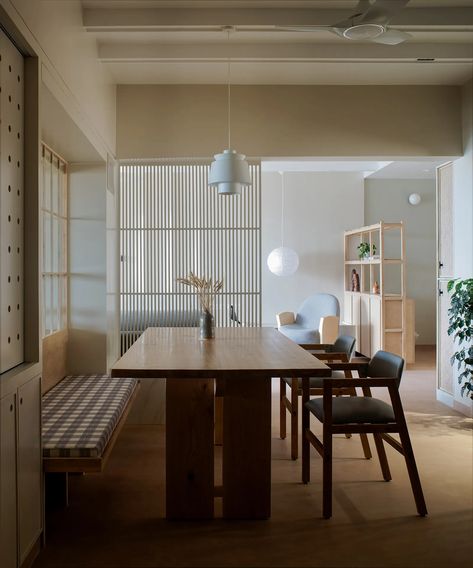 Step into a warm, minimalist Pune home that embodies the Shibui design aesthetic | Architectural Digest India Shibui Interior Design, Shibui Aesthetic, Monochrome Apartment, Wabi Sabi Design, Built In Sofa, Wabi Sabi Decor, Monochrome Color Palette, Louver Windows, Minimalist Japanese