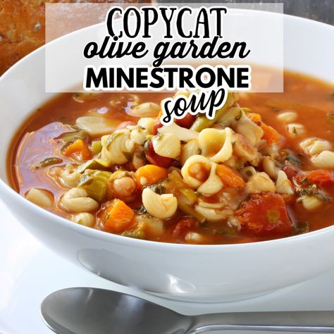 This Copycat Olive Garden Minestrone Soup is a hearty and delicious comfort food jam packed with vegetables and flavor. It's so good, you'll think you are eating the real thing! Olive Garden Ministroni Soup Recipe, Copycat Soups From Olive Garden, Gnocchi Minestrone Soup, Italian Soups Minestrone, Menastroni Soup, Minasronie Soup, Minasteoni Soup Olive Garden, Traditional Italian Minestrone Soup, Crockpot Minestrone Soup Olive Garden