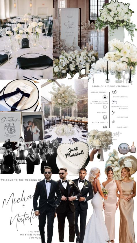 Black And White Dress Code Wedding, Wedding Party Black And White, Black And White Wedding Bridal Party, Black And White Wedding Colors, White And Black Wedding Theme, Black And White Bridal Party, Classic Modern Wedding, Wedding Drinks Reception, Order Of Wedding Ceremony