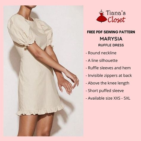 Marysia ruffle dress – free PDF sewing pattern – Tiana's Closet Modest Halter Top, Mini Dress Pattern Sewing Free, Puff Sleeve Dress Pattern Free Sewing, Puff Sleeve Dress Sewing Pattern, Tianas Closet, Puff Sleeve Dress Pattern, Paper To Print, New Dress Pattern, 3d Simulation