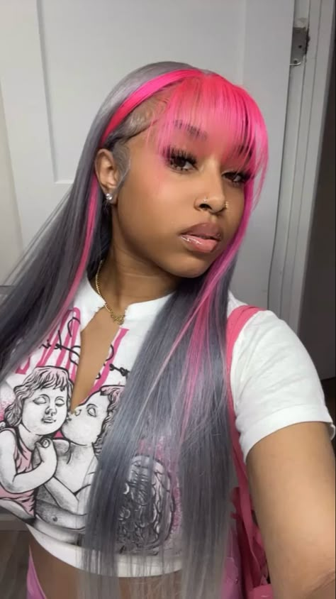 Grey/pink birthday wig Skunk stripe Lace Wigs Styles Color, Wig Install Color Ideas, Wig Color Combos, Colored Curly Wigs For Black Women, Custom Colored Wigs For Black Women, Dyed Lace Front Wig, Wigs With Braids, Wigs With Highlights Black Women, Colored Wig Black Women