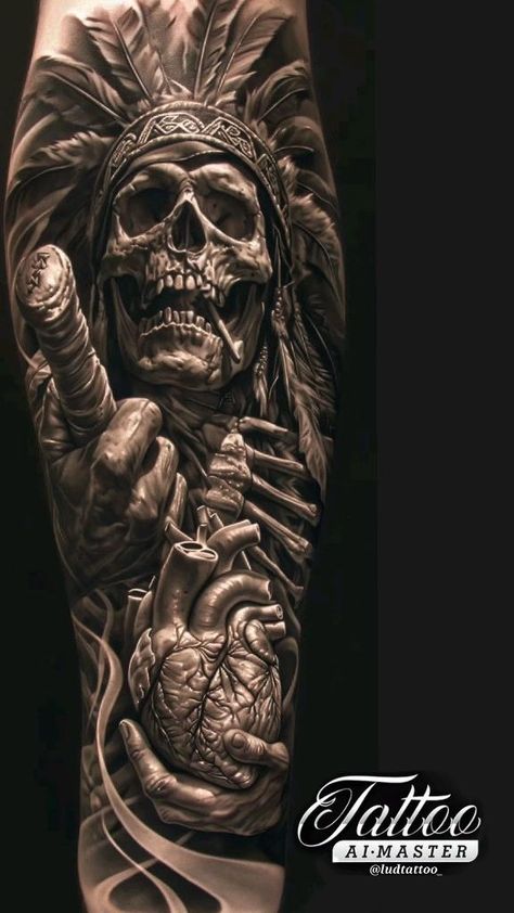 Native Sleeve Tattoo, Chicano Tattoo Design, Arm Cover Up Tattoos, Indian Skull Tattoos, Aztec Warrior Tattoo, Aztec Tattoos Sleeve, Indian Tattoo Design, Azteca Tattoo, Aztec Artwork