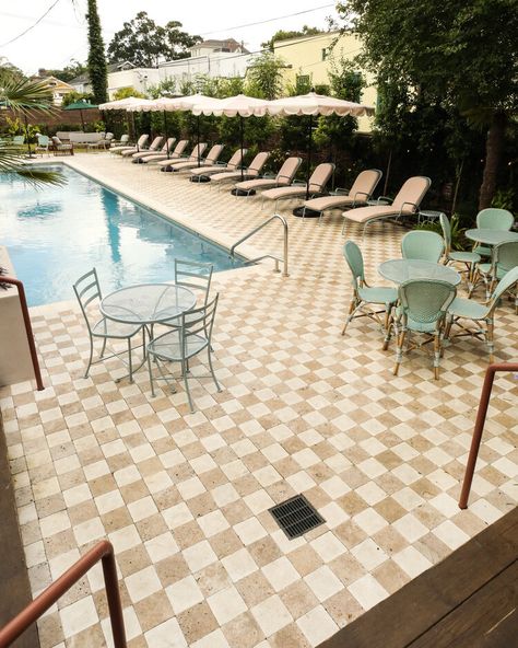 Tiled Deck Outdoor Patios, The Chloe New Orleans, Checkered Pool Deck, Checkered Pool, Hotel Pool Design, Tour Design, The Hacienda, Jenna Sue Design, Covered Back Patio