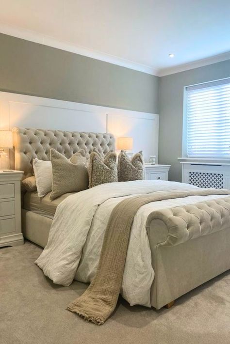 21 Grey Headboard Bedroom Decor Ideas – The Crafty Hacks Grey Tufted Headboard Bedroom, Cream Headboard Bedroom, Cream Headboard Bedroom Ideas, Gray Headboard Bedroom Decor, Gray Bed Frame Bedroom Ideas, Grey Tufted Headboard, Grey Headboard Bedroom Ideas, Grey Headboard Bedroom Ideas Decor, Tufted Headboard Bedroom