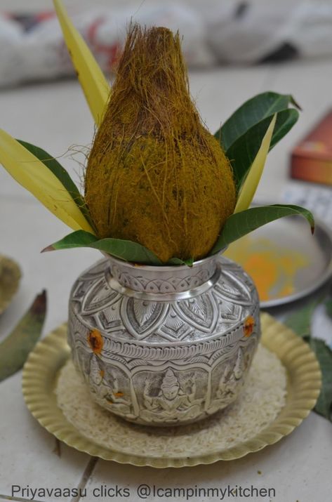 Kalash Decoration, Varalakshmi Pooja, Varalakshmi Vratham, Dried Dates, Diwali Decorations At Home, Pooja Items, Silver Pooja Items, Padi Kolam, Pampas Grass Decor