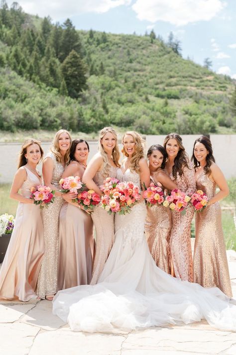 Living Coral Wedding, Champagne Bridesmaid Dresses With Pink Flowers, Coral And Tan Wedding, Champagne Bridesmaid Dresses With Bright Flowers, Champagne And Coral Wedding, Peach And Champagne Wedding Colors, Neutral Bridesmaid Dresses Bright Flowers, Champagne Bridesmaid Dresses Pink Flowers, Champagne Bridesmaid Dresses Bright Flowers