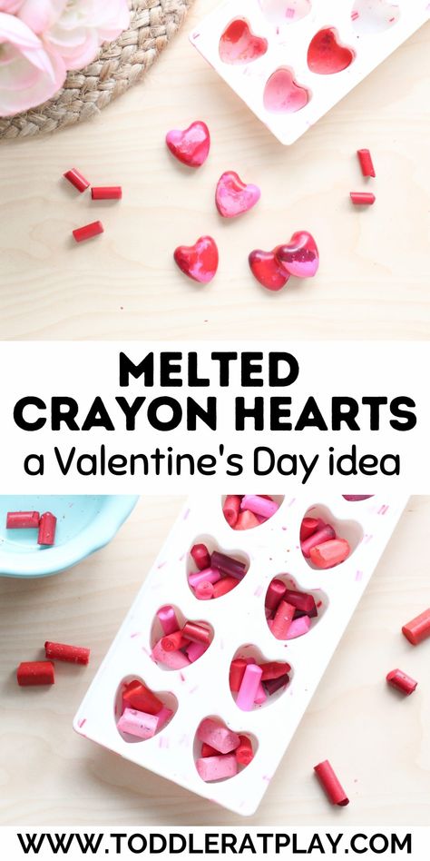 Melted Crayon Hearts - Toddler at Play Heart Crayons Valentine, Preschool Treats, Handmade Crayons, Melted Crayon Heart, Preschool Valentines Activities, Diy Crafts Keychain, Crayon Valentines, Homeschooling Activities, Hearts Paper Crafts